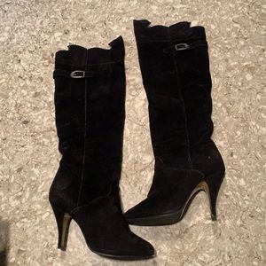 Wild Pair black tall heeled suede boots